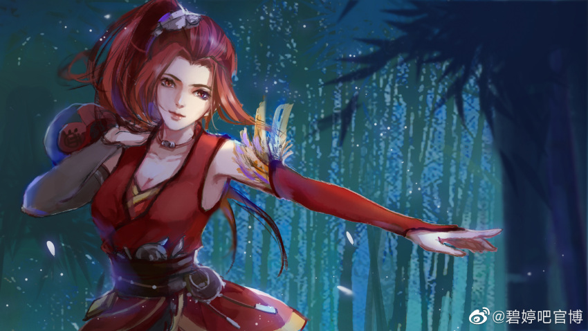 1girl arm_at_side asymmetrical_sleeves bamboo bamboo_forest bi_ting_(xia_lan) carrying dress feathers forest gourd highres mismatched_sleeves nature ponytail red_dress red_eyes redhead sash solo xia_lan xia_lan_bi_ting_chao_hua