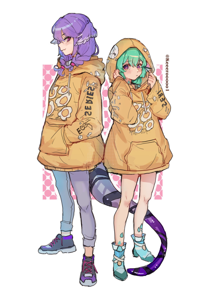 2girls black_footwear blush braid dragon_girl dragon_tail finana_ryugu fish_girl green_footwear green_hair grey_pants head_fins head_wings highres hood hood_up hoodie keeerooooo1 leg_tattoo long_hair looking_at_another medium_hair multiple_girls nijisanji nijisanji_en pants pointy_ears polka_dot polka_dot_background purple_hair purple_wings selen_tatsuki shoes smile sneakers tail tattoo twin_braids twitter_username untied_footwear violet_eyes virtual_youtuber white_background wings yellow_hoodie