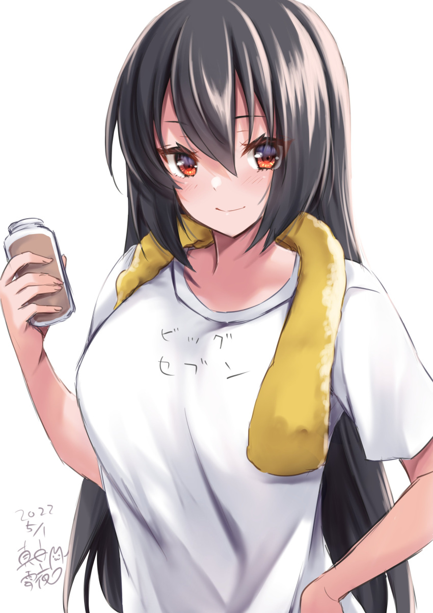 1girl absurdres alternate_costume artist_name black_hair bottle casual chocolate_milk clothes_writing commentary_request dated highres holding kantai_collection long_hair looking_at_viewer mashiro_yukiya nagato_(kancolle) one-hour_drawing_challenge red_eyes shirt simple_background solo t-shirt towel towel_around_neck white_background