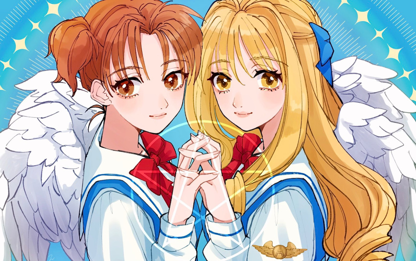 2girls angel_wings blue_background blush bow bowtie brown_eyes closed_mouth copyright_request highres holding_hands interlocked_fingers long_hair long_sleeves looking_at_viewer multiple_girls pentagram red_bow red_bowtie sailor_collar school_uniform serafuku shirt short_hair smile tsunko_(9v2_q) twintails white_sailor_collar white_shirt white_wings wings yellow_eyes