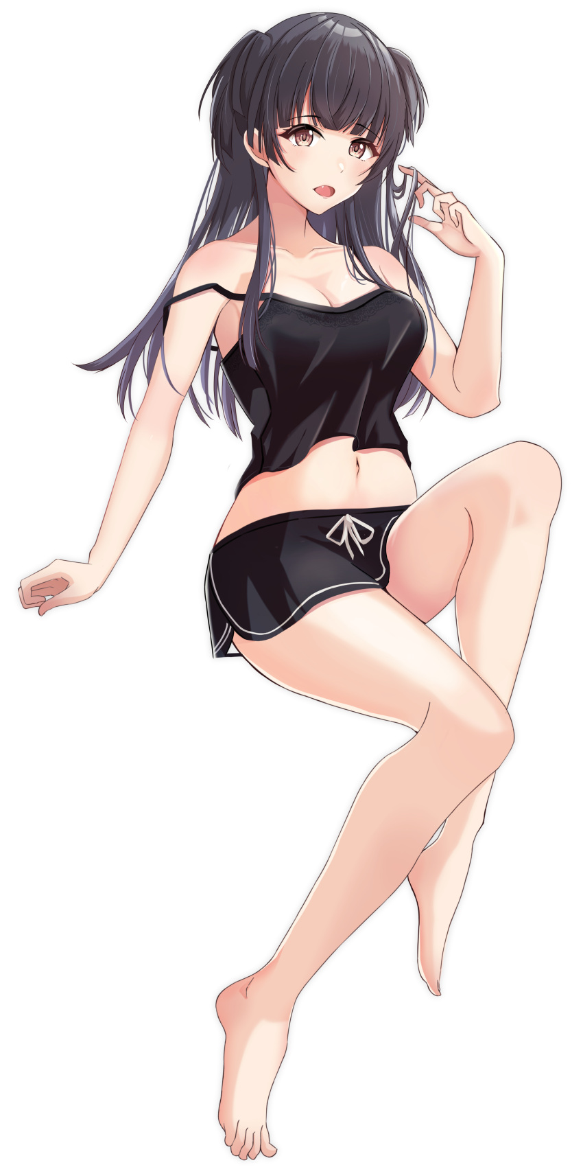1girl absurdres bangs bare_arms bare_legs bare_shoulders barefoot black_hair black_shirt black_skirt blunt_bangs breasts collarbone commentary_request eyebrows_visible_through_hair eyelashes fang feet forehead full_body highres idolmaster idolmaster_shiny_colors knee_up long_bangs long_hair mayuzumi_fuyuko midriff miniskirt navel off_shoulder open_mouth shirt sikimosh simple_background skirt solo tank_top toes two_side_up white_background yellow_eyes