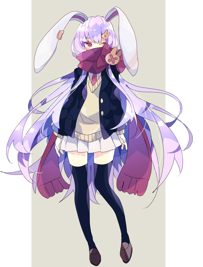 1girl animal_ears black_jacket black_legwear blazer blush brown_footwear bunny_ornament cardigan commentary covered_mouth earclip highres jacket long_hair looking_at_viewer miniskirt necktie nikorashi-ka one_eye_closed pink_eyes purple_hair purple_scarf rabbit_ears red_necktie reisen_udongein_inaba scarf shoes skirt solo sweater thigh-highs touhou very_long_hair white_skirt yellow_sweater