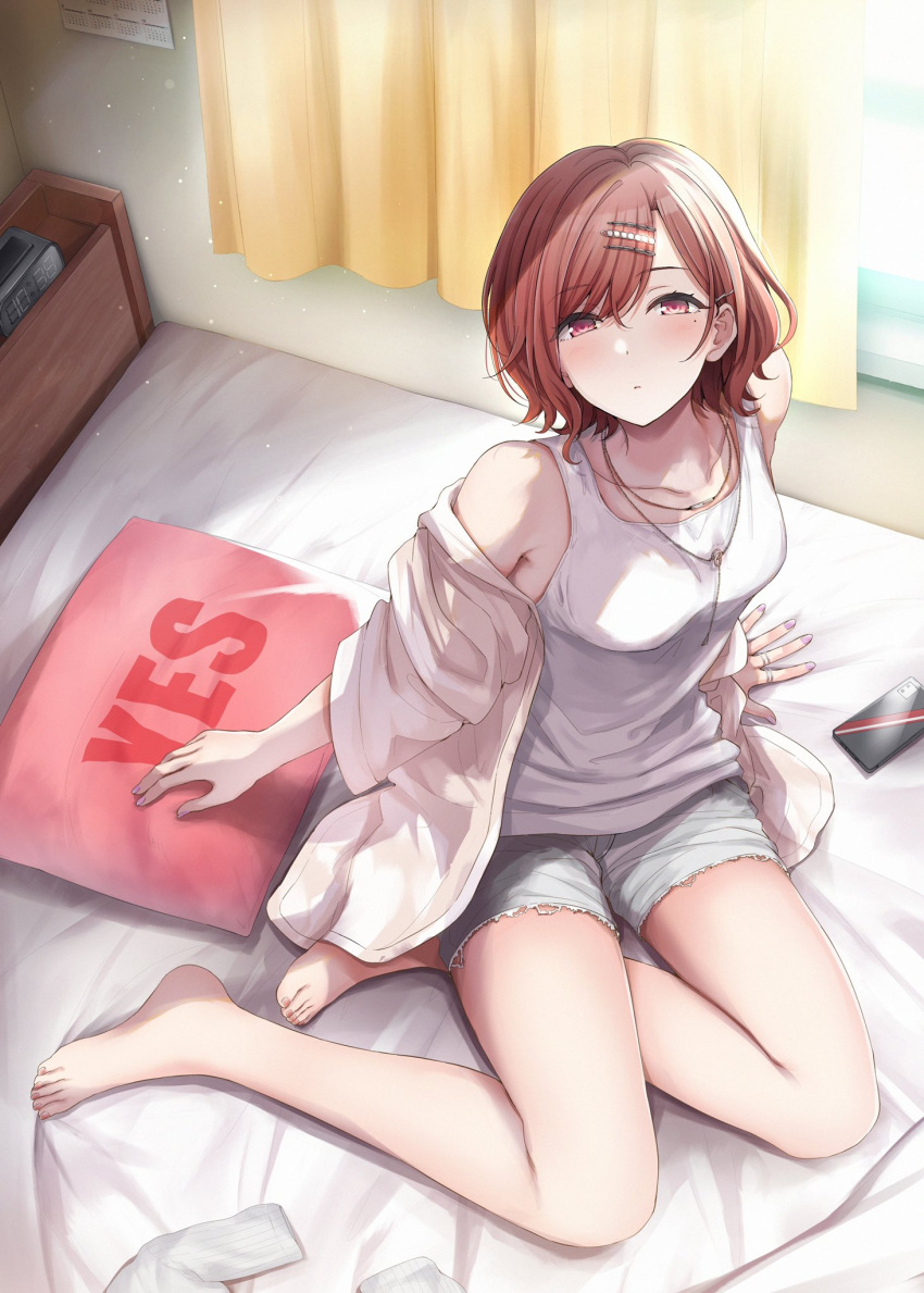 1girl :o amekasaikuta bare_legs barefoot bed_sheet blush breasts cellphone commentary_request highres higuchi_madoka idolmaster idolmaster_shiny_colors indoors jacket jacket_partially_removed jewelry looking_at_viewer medium_breasts mole mole_under_eye morning on_bed phone red_eyes redhead ring short_hair shorts sitting socks_removed solo sunlight tank_top torn_clothes torn_shorts white_tank_top yellow_curtain yes-no_pillow yokozuwari