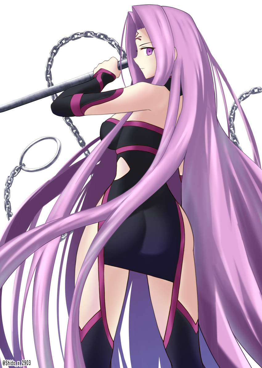 1girl absurdres bangs bare_shoulders black_dress breasts detached_sleeves dress facial_mark fate/grand_order fate/stay_night fate_(series) forehead_mark highres large_breasts long_hair looking_at_viewer medusa_(fate) medusa_(rider)_(fate) nameless_dagger_(fate) purple_hair shidou_(x_2903) short_dress solo thigh-highs thighs very_long_hair violet_eyes