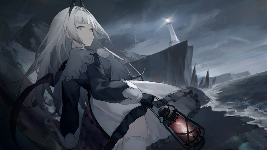 1girl arknights black_gloves black_jacket breasts cliff cowboy_shot frilled_skirt frills from_behind gloves grey_eyes grey_hair haocong33 head_wings highres holding holding_lantern irene_(arknights) jacket lantern lighthouse long_hair long_sleeves looking_at_viewer looking_back medium_breasts ocean outdoors parted_lips purple_skirt rain skirt solo thigh-highs very_long_hair water white_legwear white_skirt