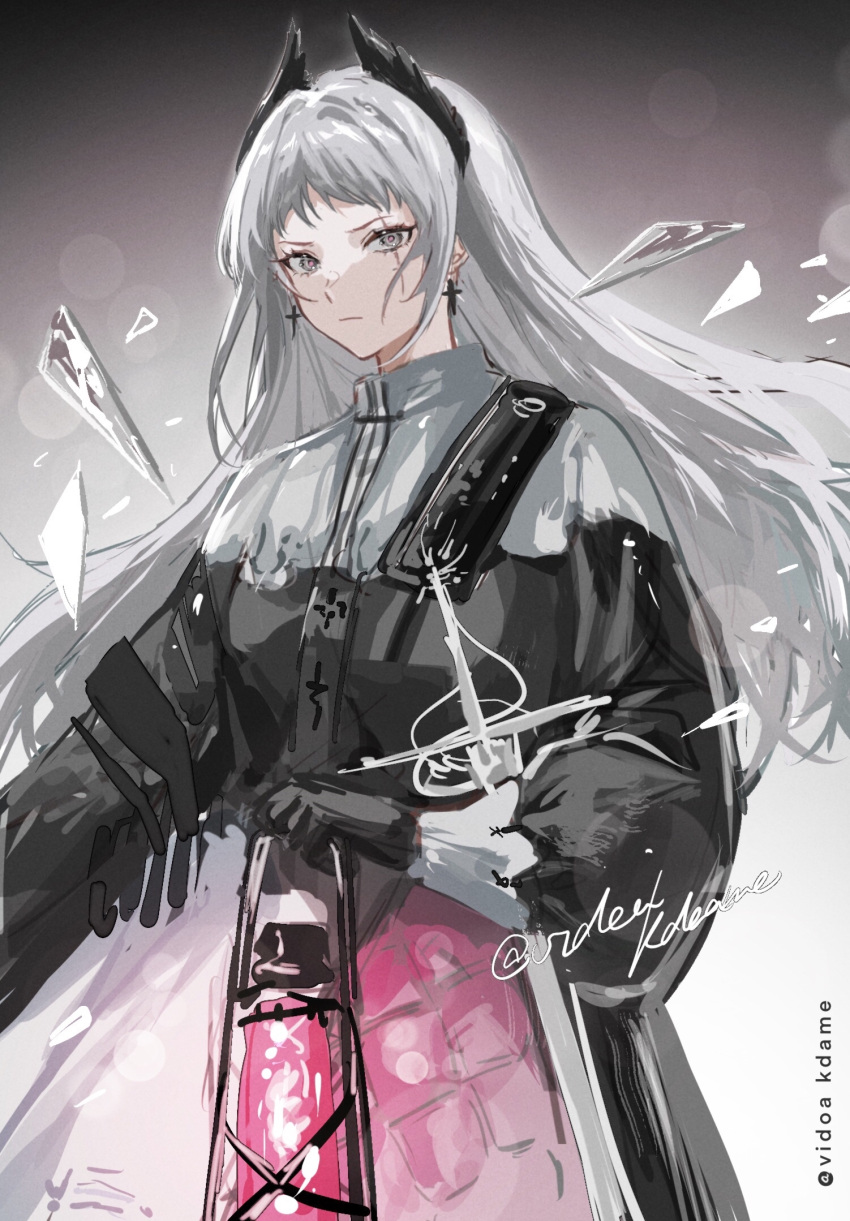 1girl arknights artist_name black_gloves black_jacket brown_background closed_mouth cowboy_shot earrings gloves gradient gradient_background grey_background grey_eyes grey_hair head_wings highres holding holding_lantern irene_(arknights) jacket jewelry lantern long_sleeves looking_at_viewer puffy_long_sleeves puffy_sleeves purple_skirt scar scar_across_eye scar_on_face shatter sheath sheathed signature skirt solo sword v-shaped_eyebrows vidoakdame weapon