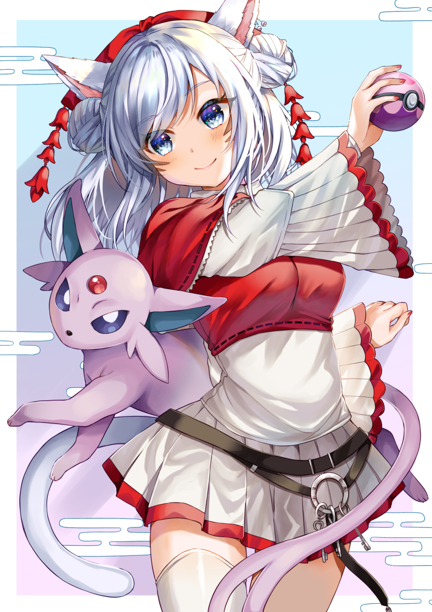 1girl absurdres animal animal_ears avatar_(ff14) belt blue_eyes breasts commission double_bun espeon eyebrows_visible_through_hair eyelashes final_fantasy final_fantasy_xiv hair_bun hair_ornament highres holding holding_poke_ball key long_sleeves looking_at_another looking_to_the_side medium_hair miqo'te poke_ball pokemon red_shirt shirt skeb_commission skirt smile tail thighs two-tone_shirt upper_body white_legwear white_shirt white_skirt yam_(yamap_mako)