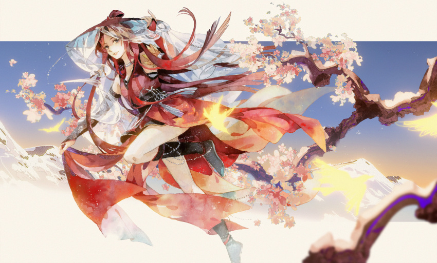 1girl absurdres bi_ting_(xia_lan) bird black_footwear blue_sky branch hand_on_headwear highres holding_cloth jingasa jumping mountain pose redhead sky smile snow solo veil xia_lan xia_lan_bi_ting_chao_hua