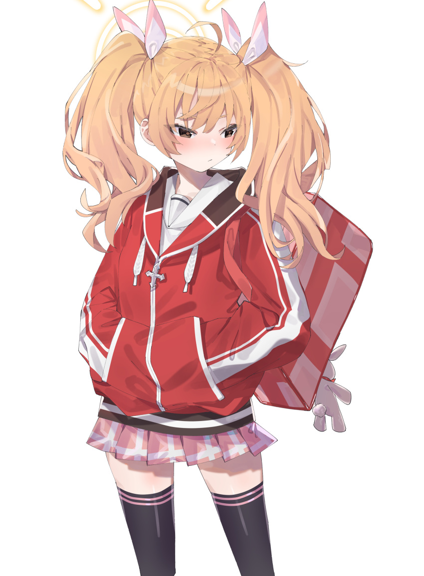 1girl absurdres ahoge black_legwear blonde_hair blue_archive blush brown_eyes closed_mouth cottone_(highjethoo) feet_out_of_frame hair_ribbon halo hands_in_pockets highres hood hooded_jacket jacket long_hair long_sleeves looking_away miniskirt pink_bag pink_ribbon pink_skirt pleated_skirt red_jacket ribbon sailor_collar simple_background skirt solo thigh-highs track_jacket twintails white_background white_sailor_collar yoshimi_(blue_archive)