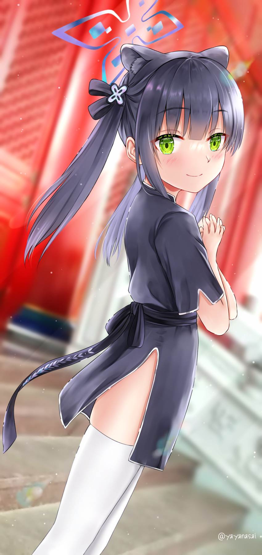 1girl absurdres animal_ear_fluff animal_ears black_dress black_hair blue_archive china_dress chinese_clothes dress from_side green_eyes hands_on_own_chest highres long_hair looking_at_viewer outdoors own_hands_together short_sleeves shun_(blue_archive) shun_(kid)_(blue_archive) smile solo stairs thigh-highs thighs tiger_ears tiger_girl twintails white_legwear yayanri