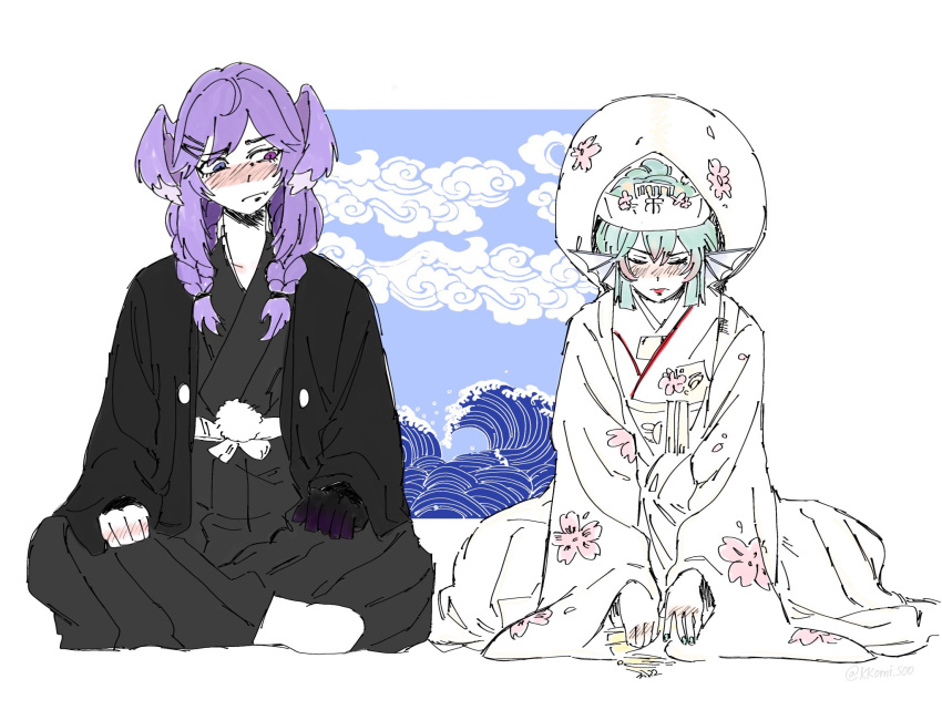 2girls aqua_nails black_kimono blue_eyes blush braid bride closed_eyes dragon_girl dress embarrassed finana_ryugu fish_girl floral_print flower furisode green_hair hair_flower hair_ornament hat head_fins head_wings heterochromia highres hiki_furisode hood indian_style japanese_clothes kimono kkomi_soo lipstick long_hair long_sleeves looking_at_another makeup medium_hair multiple_girls nail_polish nijisanji nijisanji_en obi pink_flower pointy_ears print_kimono purple_hair purple_wings sash selen_tatsuki shiromuku sitting socks tsunokakushi twin_braids uchikake violet_eyes virtual_youtuber waves wedding wedding_dress white_background white_kimono white_legwear wings