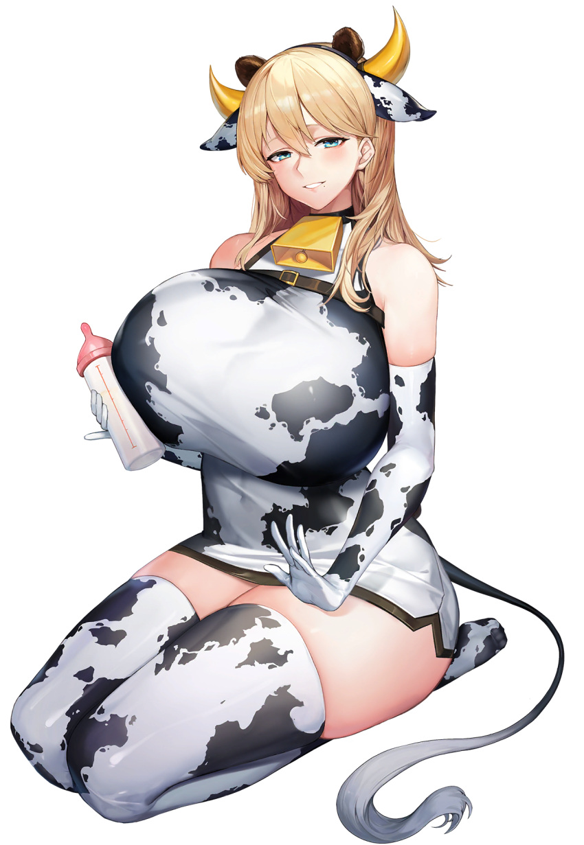 1girl alternate_hairstyle animal_ears animal_print baby_bottle bangs bear_ears bell blue_eyes bottle breast_strap breasts cow_ears cow_print cow_tail cowbell dress elbow_gloves extra_ears frigga_(last_origin) full_body gigantic_breasts gloves grin hair_between_eyes hair_down highres jam_(nandade) lap_pillow_invitation last_origin mole mole_under_mouth neck_bell official_art seiza short_dress side_slit sitting smile solo tachi-e tail thigh-highs transparent_background