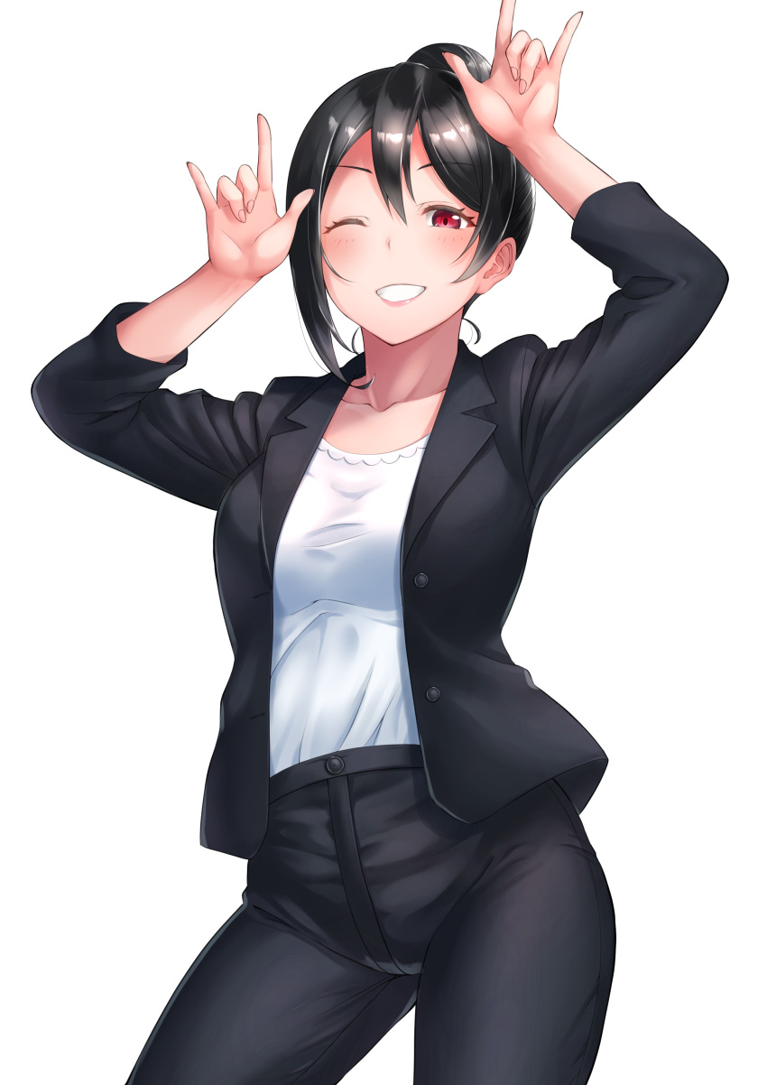 1girl \m/ absurdres arms_up black_hair black_jacket black_pants chishio_(onoderayui) collarbone double_\m/ eyebrows_visible_through_hair hair_bun highres jacket looking_at_viewer love_live! love_live!_school_idol_project nico_nico_nii one_eye_closed pants parted_lips red_eyes shirt smile solo white_background white_shirt yazawa_nico's_mother