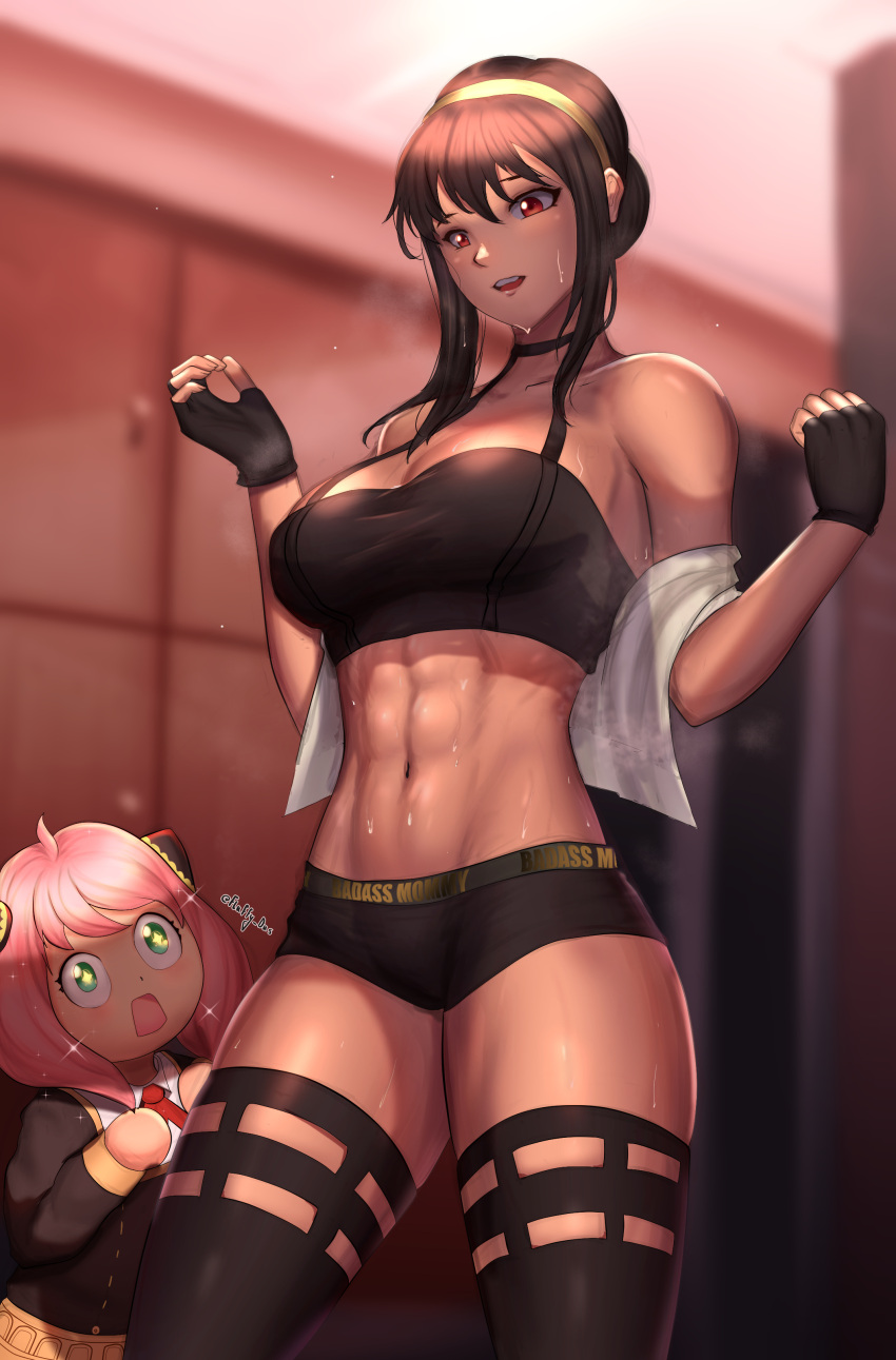 2girls :o abs absurdres ahoge alternate_costume anya_(spy_x_family) awestruck bangs black_buruma black_gloves black_hair black_legwear black_sports_bra blurry blurry_background breasts breath buruma camisole child clothes_writing eden_academy_uniform exercise fingerless_gloves fluffydus gloves gold_hairband highres holding holding_towel large_breasts looking_at_another mother_and_daughter multiple_girls navel neck_ribbon open_mouth pink_hair red_eyes red_ribbon ribbon school_uniform sidelocks sparkle sparkling_eyes sports_bra spy_x_family steaming_body stomach sweat teeth thigh-highs thighs toned towel towel_on_arm yor_briar