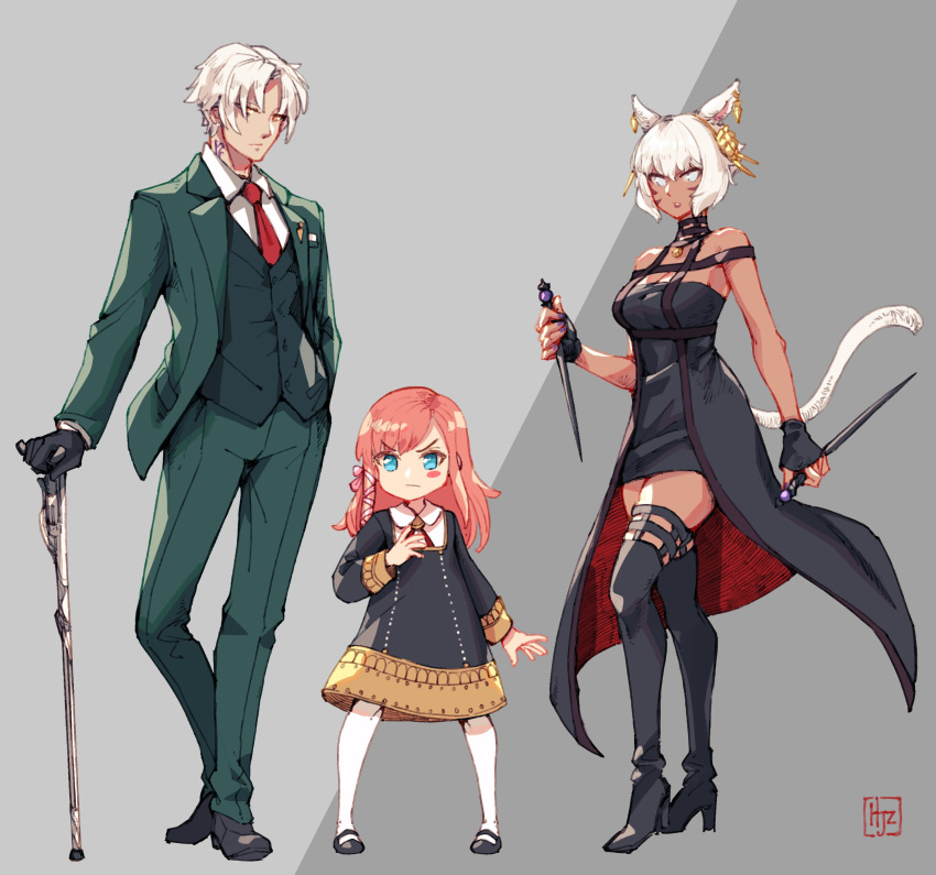 1boy 2girls absurdres animal_ears anya_(spy_x_family) anya_(spy_x_family)_(cosplay) bangs black_dress blue_eyes boots breasts cane cat_ears cat_tail child cosplay dagger dark-skinned_female dark_skin dress earrings eyebrows_visible_through_hair facial_mark final_fantasy final_fantasy_xiv fingerless_gloves formal gloves gold_hairband green_suit grey_background grey_eyes hair_ribbon high_heel_boots high_heels highres hjz_(artemi) holding holding_dagger holding_weapon hyur jewelry knife looking_at_viewer medium_breasts miqo'te multiple_girls neck_tattoo redhead ribbon rose_hair_ornament ryne short_hair simple_background spy_x_family suit tail tattoo thancred_waters thigh-highs thigh_boots twilight_(spy_x_family) twilight_(spy_x_family)_(cosplay) weapon whisker_markings white_hair y'shtola_rhul yellow_eyes yor_briar yor_briar_(cosplay)