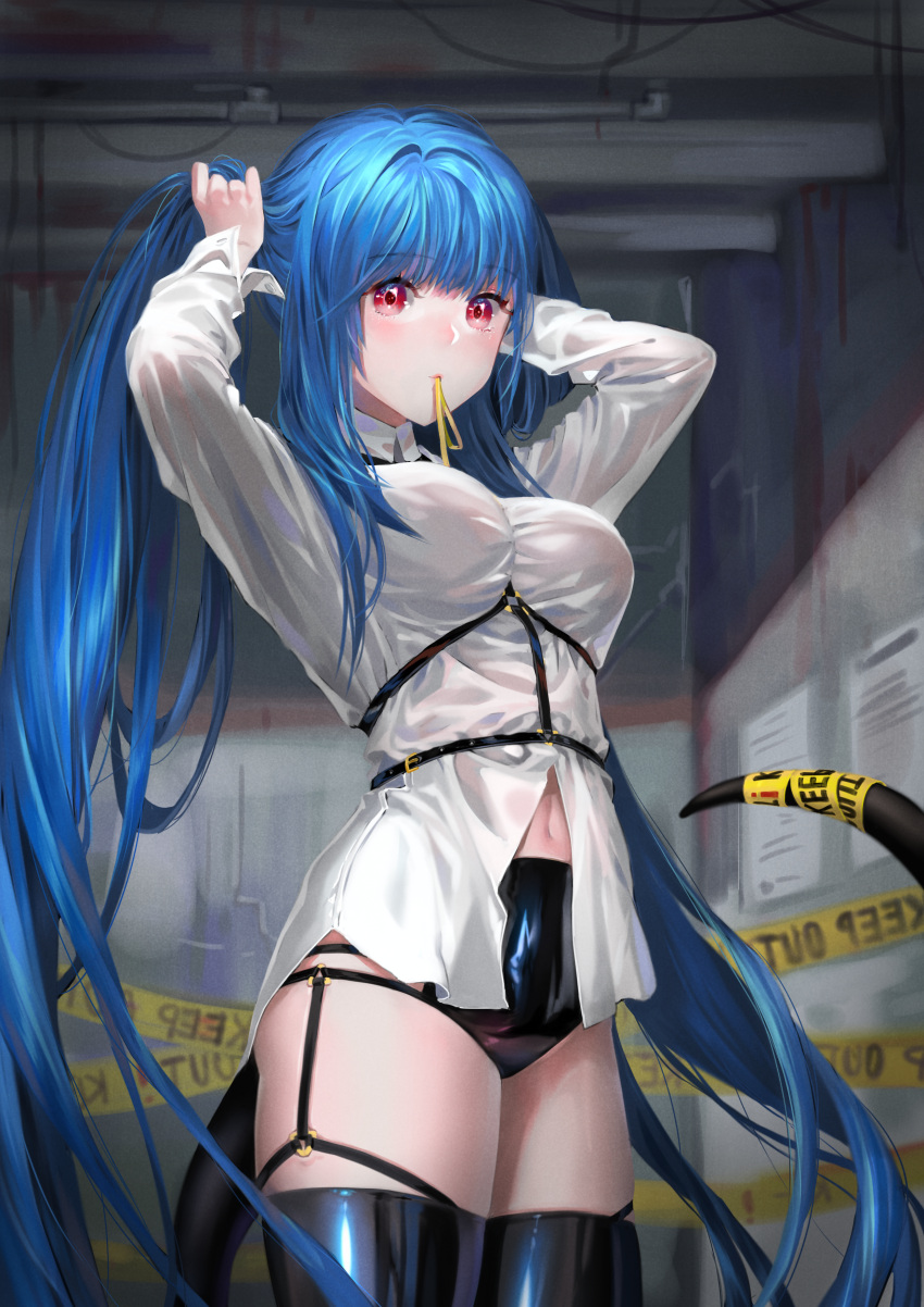 1girl absurdres bangs belt black_legwear black_panties blue_hair blush breasts caution_tape commentary dizzy_(guilty_gear) english_text eyebrows_visible_through_hair guilty_gear hair_down hand_in_own_hair highres keep_out large_breasts long_hair looking_at_viewer monster_girl mouth_hold navel oohhya panties paper red_eyes skin_tight solo tail thigh-highs thigh_strap thighs underwear