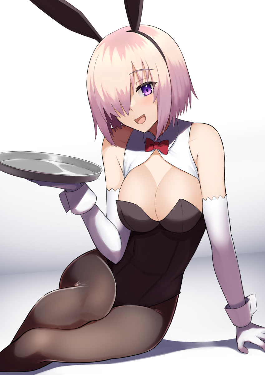 1girl :d absurdres alternate_costume animal_ears black_legwear black_leotard bow bowtie breasts elbow_gloves fake_animal_ears fate/grand_order fate_(series) gloves hair_over_one_eye highres holding holding_tray large_breasts leotard looking_at_viewer mash_kyrielight open_mouth pantyhose playboy_bunny pyonsan rabbit_ears red_bow red_bowtie short_hair sitting smile solo tray violet_eyes white_gloves wrist_cuffs