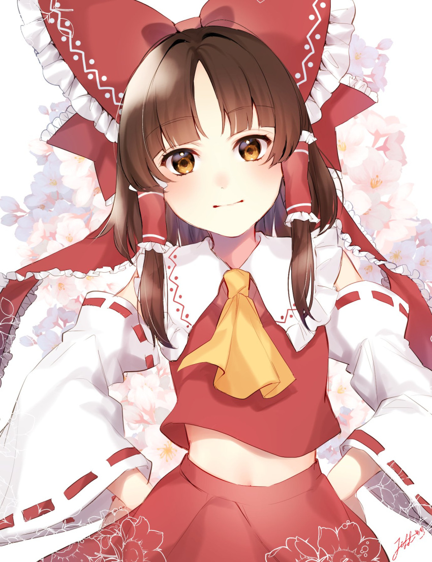 1girl artist_name ascot bad_id bad_twitter_id bangs bare_shoulders blush bow branch brown_eyes brown_hair cherry_blossoms closed_mouth collared_shirt detached_sleeves eyebrows_visible_through_hair eyelashes floral_background flower frills hair_ornament hair_tubes hakurei_reimu hands_on_hips highres jill_07km long_sleeves looking_at_viewer navel pink_flower red_bow red_shirt red_skirt shirt short_hair skirt smile solo standing touhou white_background white_flower wide_sleeves yellow_ascot