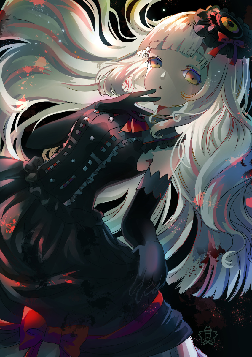 1girl absurdres asukasuki bangs blood blood_splatter blunt_bangs bow buttons chestnut_mouth collared_dress dress elbow_gloves frilled_dress frills gloves gradient_hair hair_ornament hand_on_own_chin highres light_particles lolita_fashion long_hair looking_at_viewer mayu_(vocaloid) multicolored_hair open_mouth shaded_face sleeveless sleeveless_dress solo very_long_hair vocaloid white_hair yellow_eyes