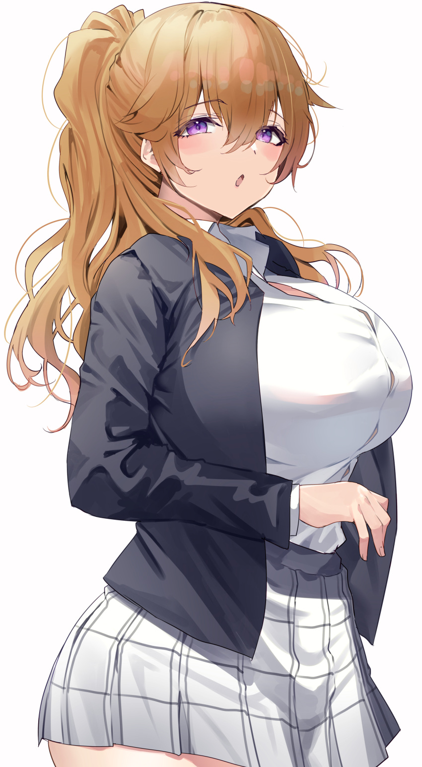 1girl :o absurdres bangs black_jacket blonde_hair breasts collared_shirt eyebrows_visible_through_hair from_side highres jacket konoe_kanata large_breasts long_hair long_sleeves looking_at_viewer looking_to_the_side love_live! love_live!_nijigasaki_high_school_idol_club namazu_(yamasonson) open_clothes open_jacket open_mouth ponytail shirt shirt_tucked_in simple_background skirt violet_eyes white_background white_shirt white_skirt