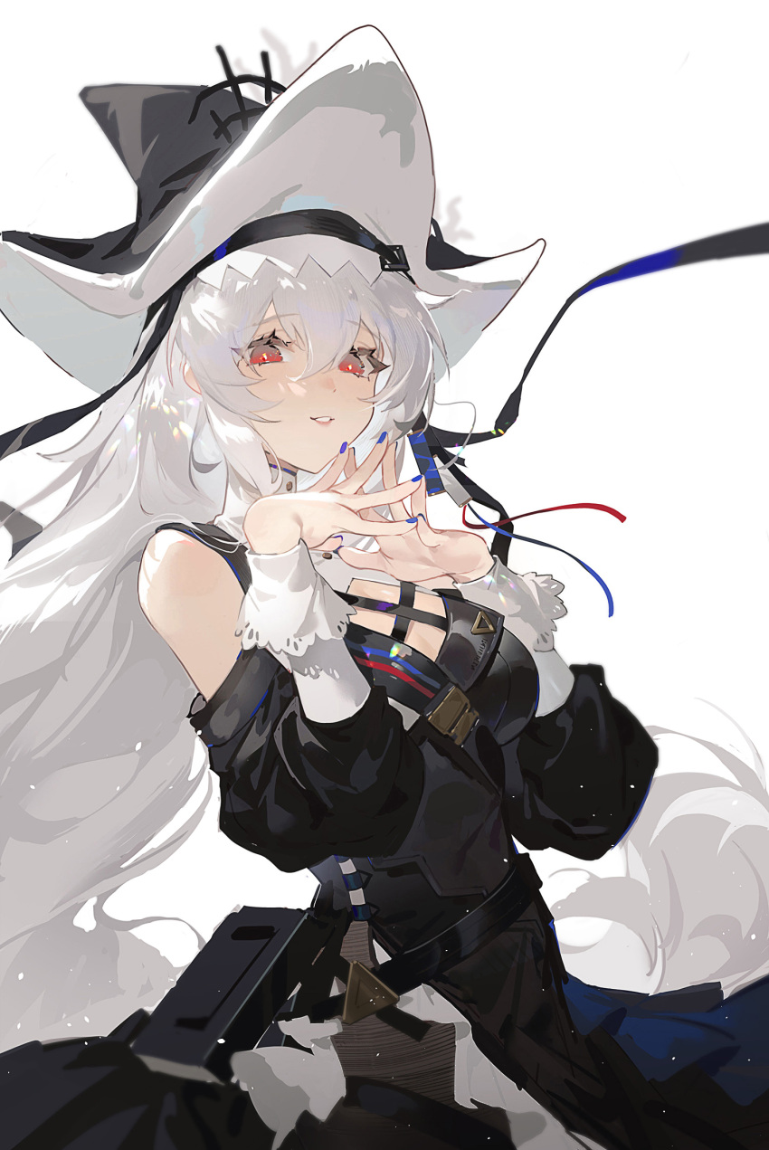 1girl amo_(amo9612) arknights bangs belt black_dress black_headwear blue_nails book breasts cowboy_shot detached_sleeves dress eyebrows_visible_through_hair eyes_visible_through_hair fingers_together hair_between_eyes hands_up hat hat_ribbon highres light_blush light_particles light_smile long_hair long_sleeves looking_at_viewer off-shoulder_dress off_shoulder parted_lips red_eyes ribbon shadow simple_background smile solo specter_(arknights) specter_the_unchained_(arknights) white_background white_hair white_headwear
