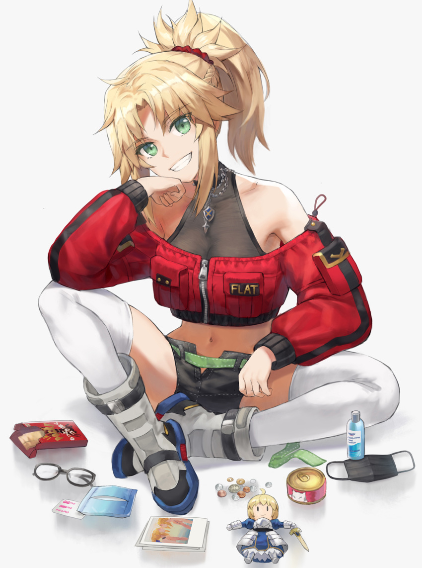 1girl artoria_pendragon_(fate) bangs blonde_hair blush braid breasts doll fate/apocrypha fate/stay_night fate_(series) french_braid green_eyes hair_ornament hair_scrunchie highres long_hair long_sleeves looking_at_viewer mordred_(fate) mordred_(fate/apocrypha) parted_bangs ponytail red_scrunchie revision saber scrunchie sidelocks small_breasts smile solo tonee