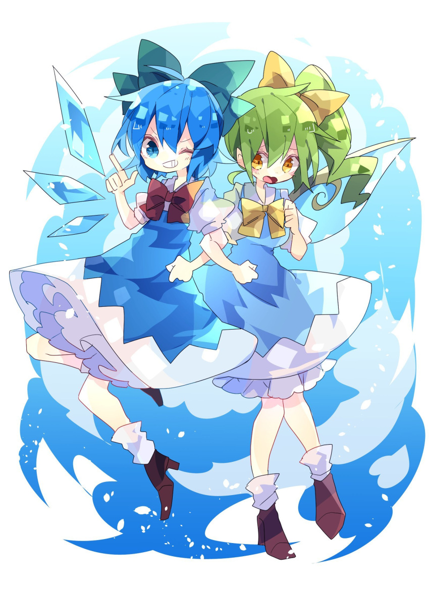 2girls ;d ahoge bangs blue_bow blue_dress blue_eyes bow bowtie brown_footwear cirno commentary daiyousei dress fairy_wings full_body hair_between_eyes hair_bow high_heels highres ice ice_wings locked_arms long_hair looking_at_viewer multiple_girls nikorashi-ka one-hour_drawing_challenge one_eye_closed orange_eyes petticoat pointing pointing_up puffy_short_sleeves puffy_sleeves red_bow shirt short_hair short_sleeves smile socks touhou white_legwear white_shirt wings yellow_bow