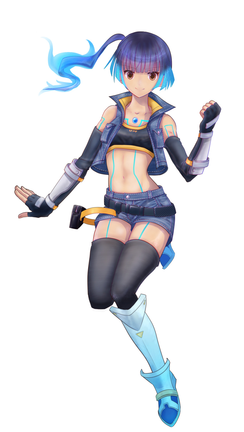 1girl absurdres blue_hair brown_hair chest_jewel dhnk7852 fiery_hair flat_chest glowing_lines high_tops highres navel sena_(xenoblade) side_ponytail simple_background solo thigh-highs white_background xenoblade_chronicles_(series) xenoblade_chronicles_3