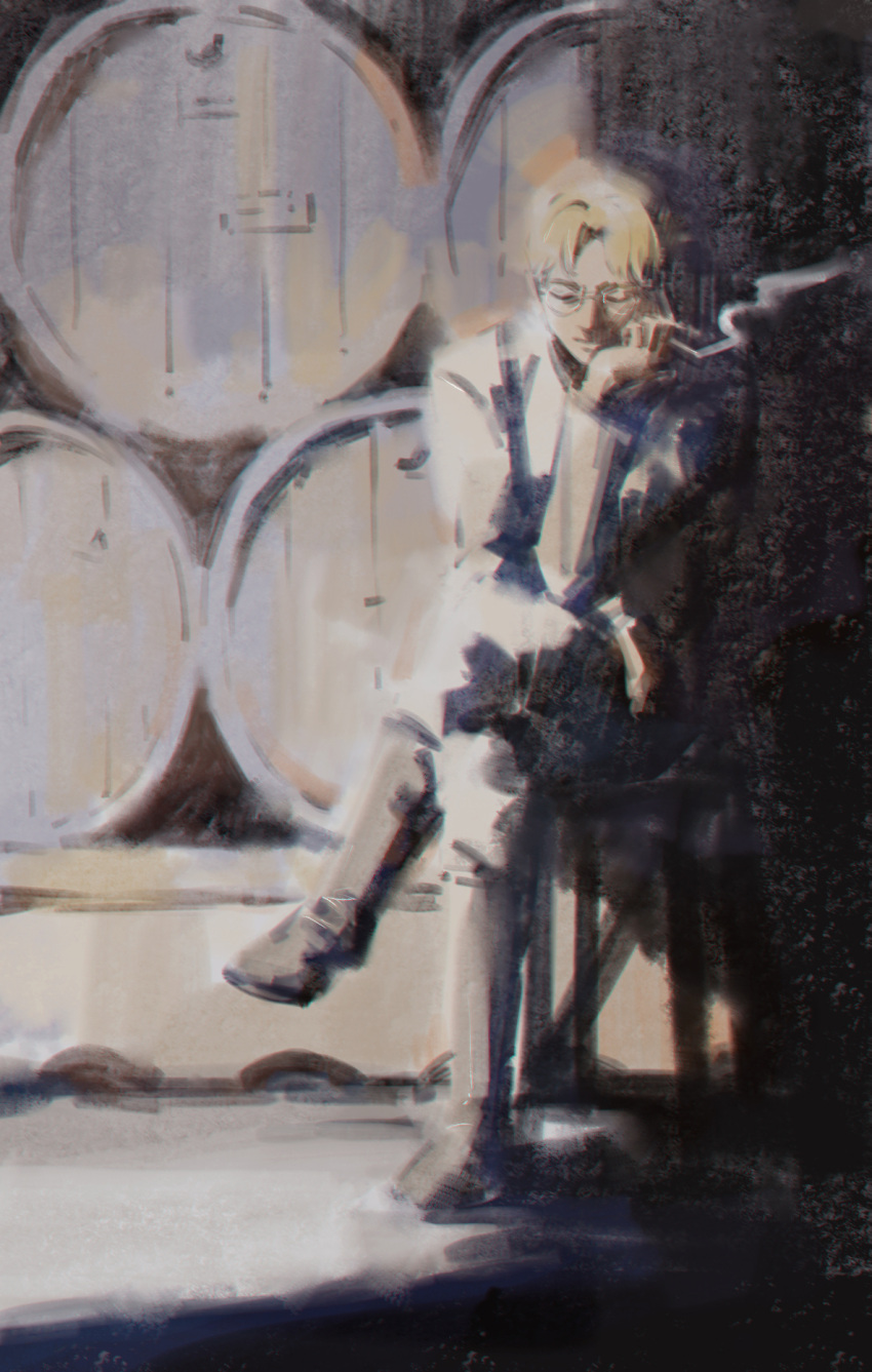 1boy barrel blonde_hair boots che_(cyan_crown) cigarette full_body glasses highres knee_boots male_focus marley_military_uniform on_chair painterly shingeki_no_kyojin short_hair sitting smile smoking solo younger zeke_yeager