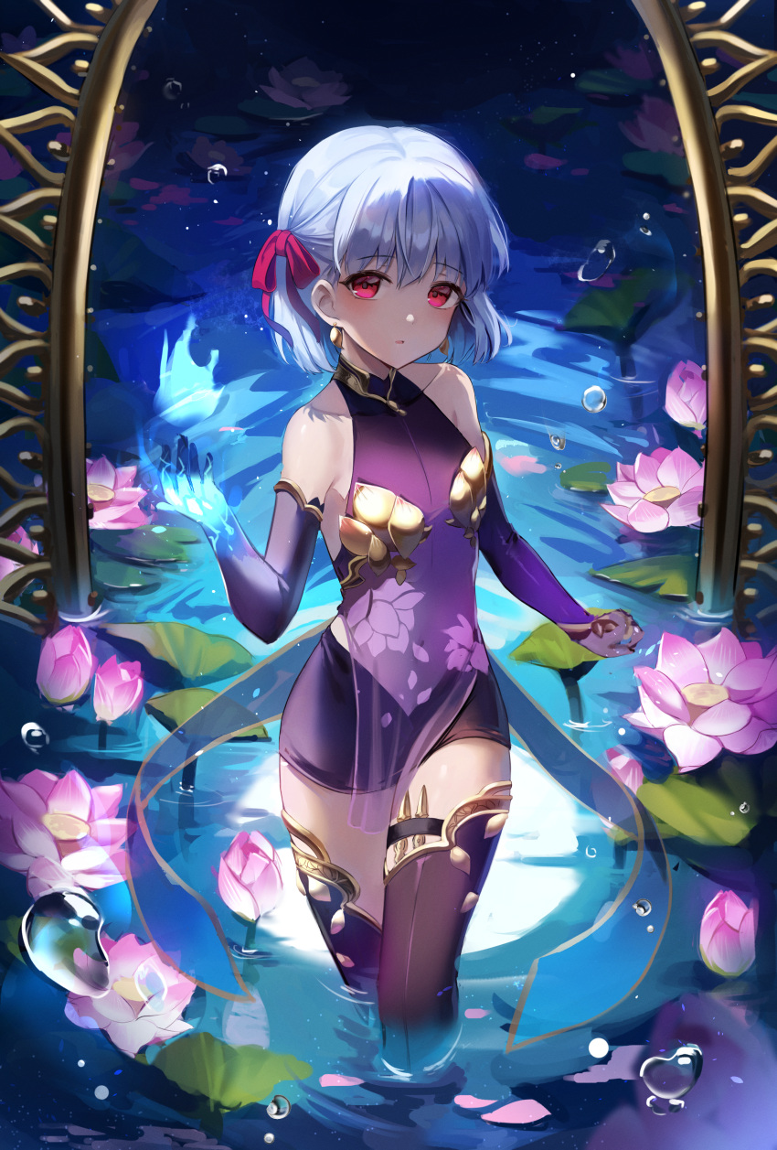 1girl absurdres armlet armor bangs bare_shoulders bikini_armor blush bracelet breasts collar detached_sleeves dress earrings fate/grand_order fate_(series) floral_print hair_ribbon highres jewelry kama_(fate) kyo_(maae00) looking_at_viewer metal_collar miniskirt pelvic_curtain purple_dress purple_legwear purple_skirt purple_sleeves red_eyes ribbon ring short_hair skirt small_breasts solo thigh-highs thighlet thighs