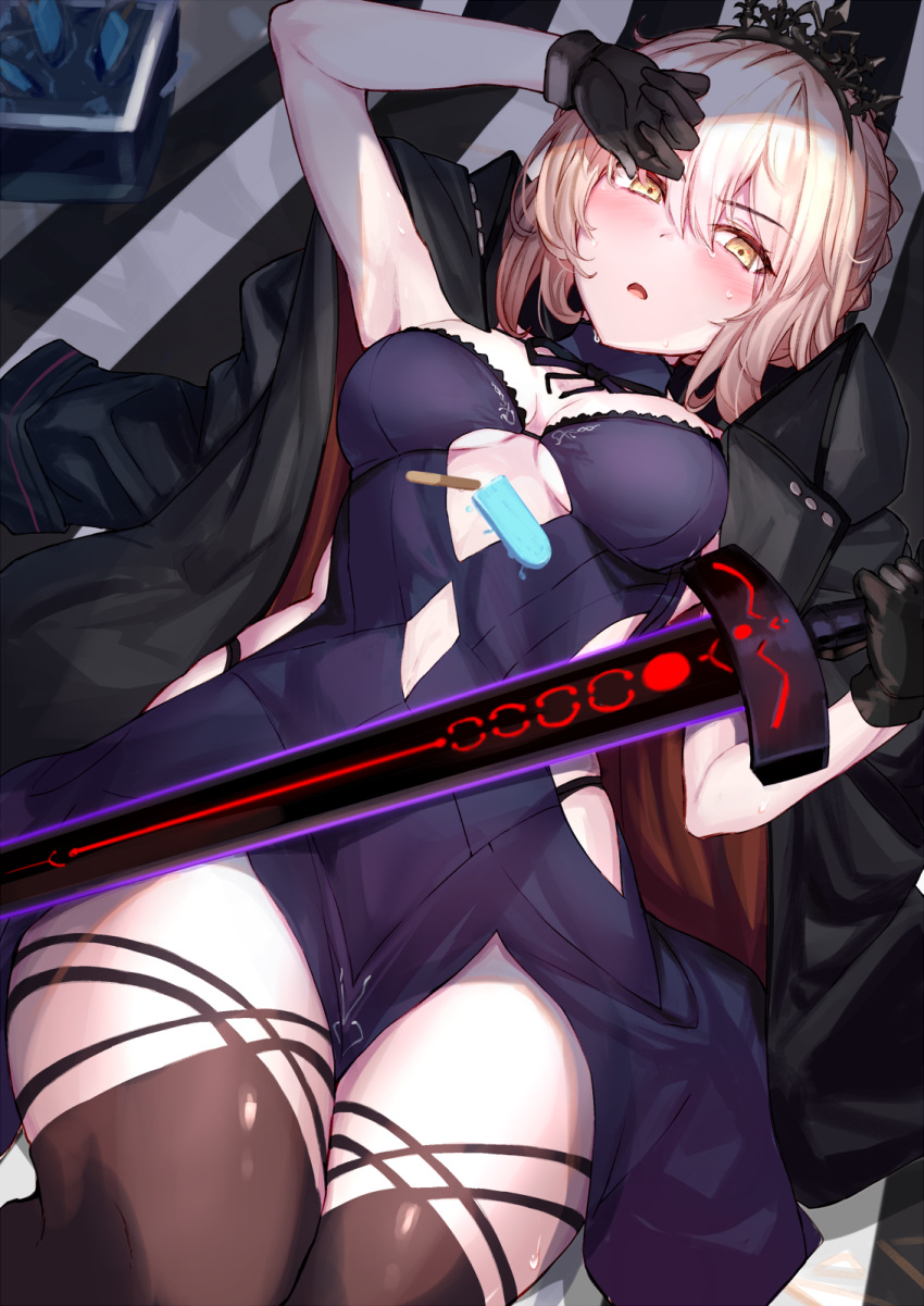 1girl artoria_pendragon_(fate) bangs black_coat black_gloves black_legwear blonde_hair blush breasts coat commentary commentary_request excalibur_morgan_(fate) eyebrows_visible_through_hair fate/grand_order fate_(series) food gloves hair_ornament highres holding_object holding_sword holding_weapon legs legs_together lying medium_breasts ninoude_(ninoude44) on_back parted_lips popsicle saber_alter solo sweating sword thigh-highs thighs tiara weapon