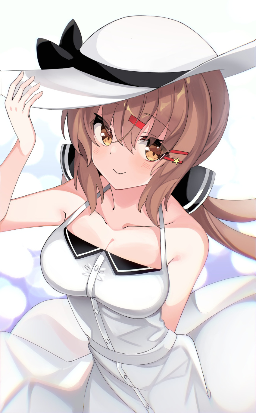 1girl absurdres alternate_costume bare_shoulders black_bow bow breasts brown_eyes brown_hair collarbone commentary_request dress fathom hair_bow hat highres kantai_collection long_hair low_twintails medium_breasts sleeveless sleeveless_dress solo sun_hat sundress tashkent_(kancolle) twintails white_dress