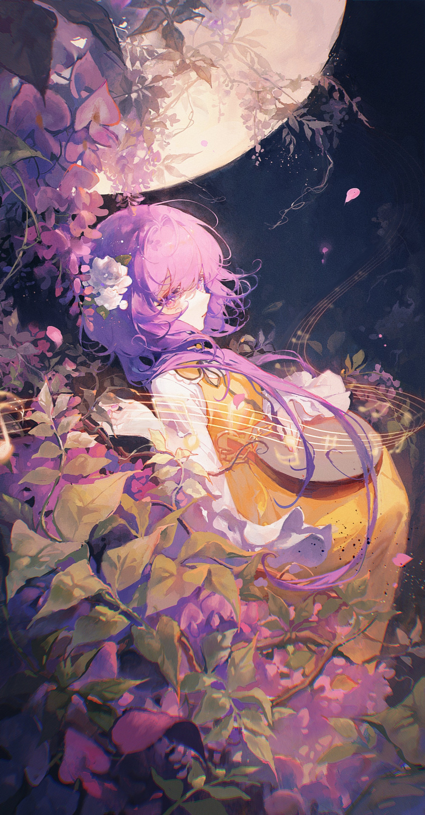 1girl absurdres bangs closed_mouth expressionless from_side full_moon highres lips long_hair looking_at_viewer looking_to_the_side maccha_(mochancc) moon musical_note plant profile purple_hair solo touhou tree tsukumo_benben upper_body