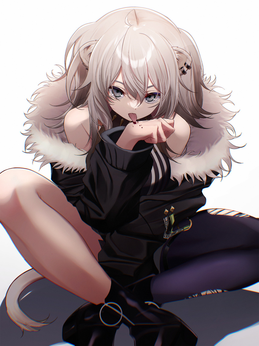 1girl ahoge animal_ears breasts fur_trim grey_eyes grey_hair hair_between_eyes highres hiroikara_(smhong04) hololive jacket lion_ears lion_girl long_hair looking_at_viewer shishiro_botan solo virtual_youtuber