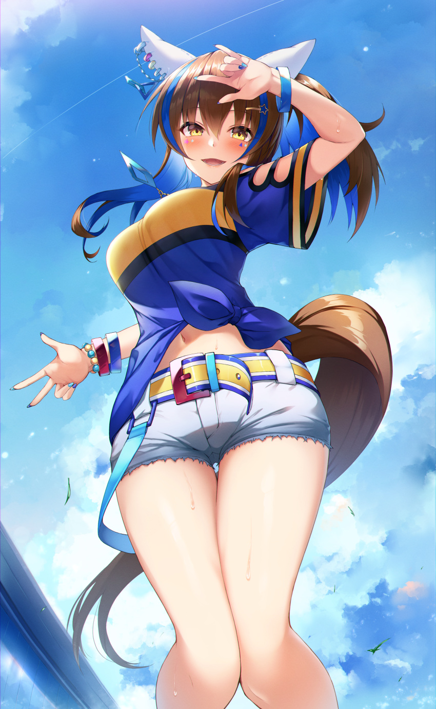 1girl :d \m/ absurdres animal_ears arm_up bangs blue_hair blue_nails blue_shirt blue_sky blush bracelet breasts brown_hair clothing_cutout clouds commentary_request cowboy_shot daitaku_helios_(umamusume) day denim denim_shorts ear_covers ear_ornament eyebrows_visible_through_hair from_below hair_between_eyes hair_ornament hairclip highres horse_ears horse_girl horse_tail jewelry koikeya large_breasts long_hair looking_at_viewer midriff_peek multicolored_hair navel necklace open_mouth shirt short_shorts short_sleeves shorts shoulder_cutout sidelocks sky smile solo standing streaked_hair sweat tail tied_shirt two-tone_hair umamusume v wristband yellow_belt yellow_eyes