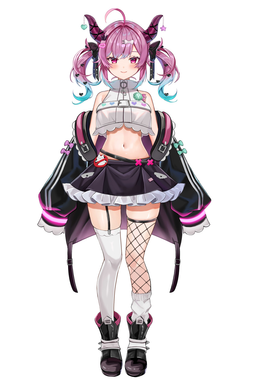 1girl absurdres ahoge asymmetrical_legwear bare_shoulders belt black_footwear black_jacket black_skirt boots bow breasts crop_top crop_top_overhang fishnet_legwear fishnets frilled_skirt frills full_body garter_straps gradient_hair hair_bow hair_ornament high_collar highres horns indie_virtual_youtuber jacket large_breasts long_hair long_sleeves looking_at_viewer midriff miniskirt multicolored_hair navel off_shoulder open_clothes open_jacket pink_eyes pink_hair revealing_clothes satou_pote_(vtuber) satoupote shirt sidelocks simple_background skirt sleeveless sleeveless_shirt sleeves_past_fingers sleeves_past_wrists solo standing stomach thigh-highs thighs twintails virtual_youtuber white_background white_legwear white_shirt zettai_ryouiki