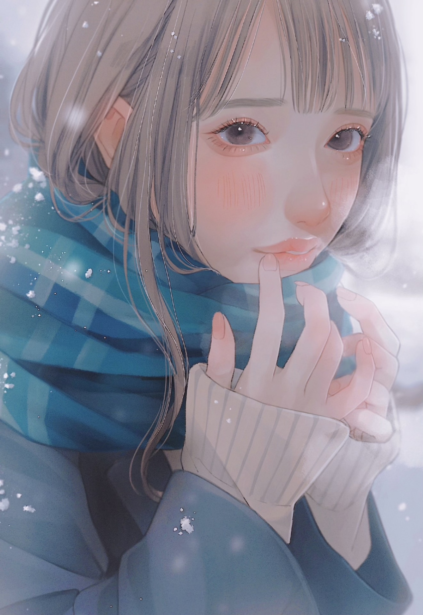 1girl blue_scarf blush brown_eyes brown_hair cold enpera fingernails hands_up highres lipstick long_sleeves looking_at_viewer makeup nail_polish original parted_lips pink_lips pink_nails scarf snowing solo tsunko_(9v2_q)