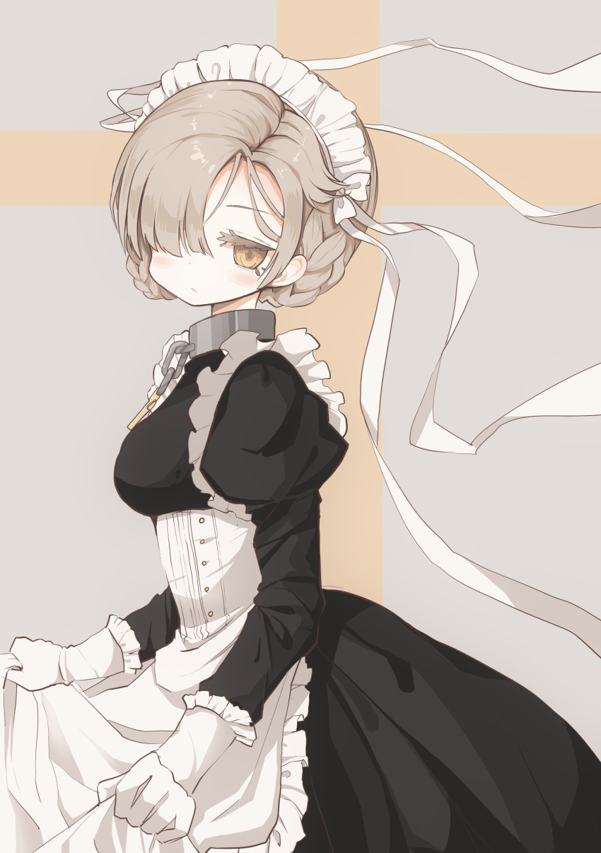 1girl apron azur_lane black_dress braid closed_mouth dress gloves hair_over_one_eye hair_ribbon highres juliet_sleeves long_sleeves looking_at_viewer maid_headdress narue one_eye_covered puffy_sleeves ribbon sheffield_(azur_lane) solo white_apron white_gloves white_ribbon yellow_eyes