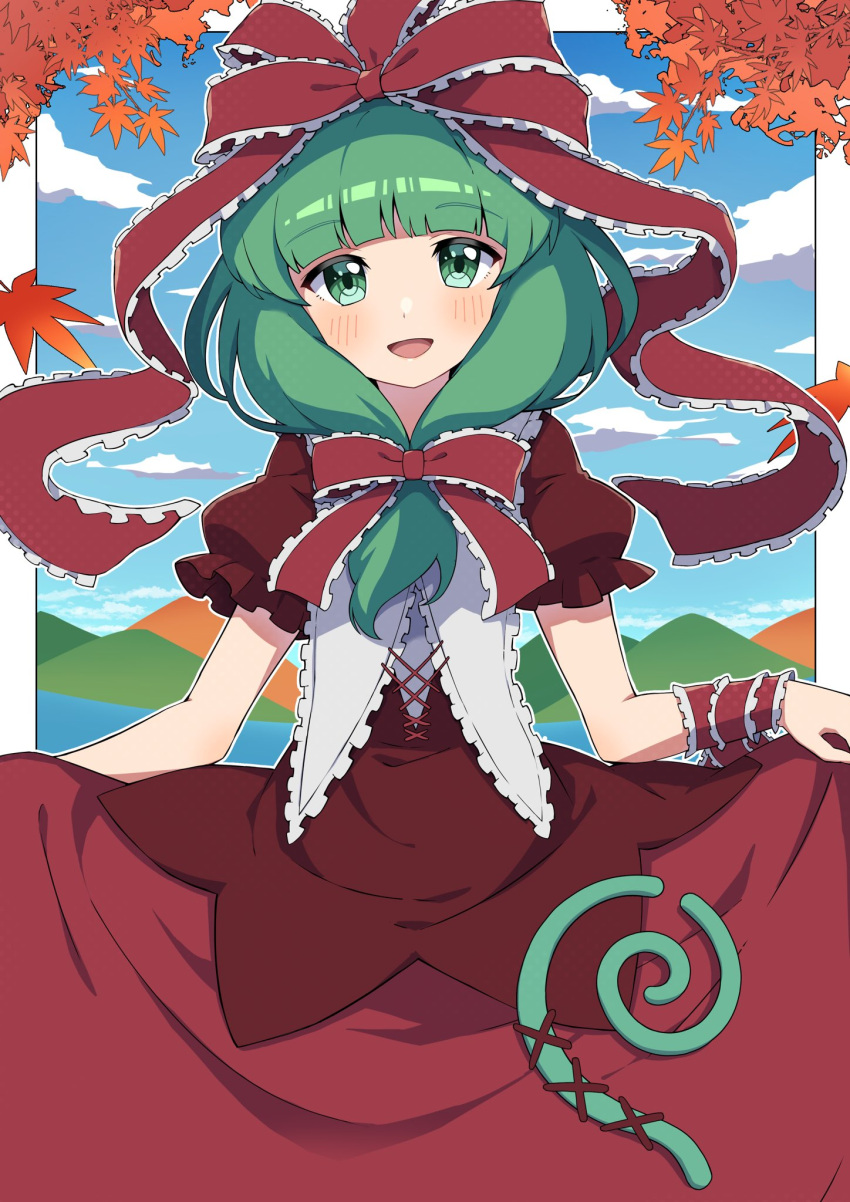 1girl bangs bow breasts dress frilled_dress frilled_ribbon frilled_sleeves frills front_ponytail green_eyes green_hair hair_bow hair_ribbon highres kagiyama_hina long_dress long_hair medium_breasts medium_hair miz_(mizillustration) puffy_short_sleeves puffy_sleeves red_dress red_ribbon ribbon short_sleeves skirt_hold solo touhou wrist_cuffs wrist_ribbon