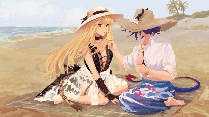 2girls absurdres animal_ears arknights beach black_choker black_gloves black_shirt black_swimsuit blonde_hair blue_hair blue_skirt brown_headwear center_opening ch'en_(arknights) choker collared_shirt commentary dragon_girl dragon_horns dragon_tail ears_through_headwear feeding flower food gloves green_eyes hair_bun hat hat_flower highres holding holding_food horns horns_through_headwear jewelry long_hair looking_at_another multiple_girls necklace official_alternate_costume open_mouth partially_submerged pearl_necklace sand sarong shirt sitting skirt skyregalias straw_hat sun_hat swimsuit swire_(arknights) tail tiger_ears tiger_girl tiger_tail undershirt wariza water white_flower white_headwear white_sarong white_shirt yuri