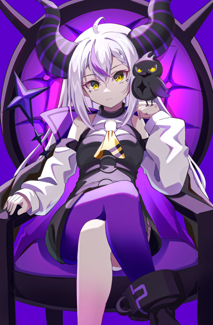 1girl absurdres ahoge bangs bird bird_on_hand black_dress closed_mouth crossed_legs crow_(la+_darknesss) demon_horns detached_sleeves dress feet_out_of_frame hair_between_eyes highres hololive horns la+_darknesss long_hair long_sleeves looking_at_viewer multicolored_hair pension_z purple_background purple_hair purple_legwear simple_background single_leg_pantyhose sitting solo streaked_hair throne virtual_youtuber white_hair yellow_eyes