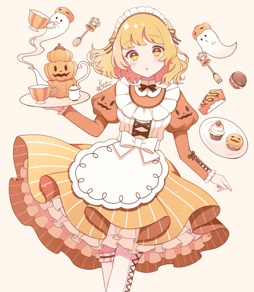 1girl :o apron bangs blonde_hair blush bow collared_dress cross-laced_clothes cross-laced_legwear cross-laced_sleeves crossed_legs cup dress food frilled_dress frills ghost halloween highres holding holding_tray jack-o'-lantern_print juliet_sleeves layered_dress leg_garter long_sleeves looking_at_viewer maid maid_headdress medium_hair original petticoat puffy_sleeves signature solo star_furu striped striped_dress sweets teacup teapot tray yellow_eyes