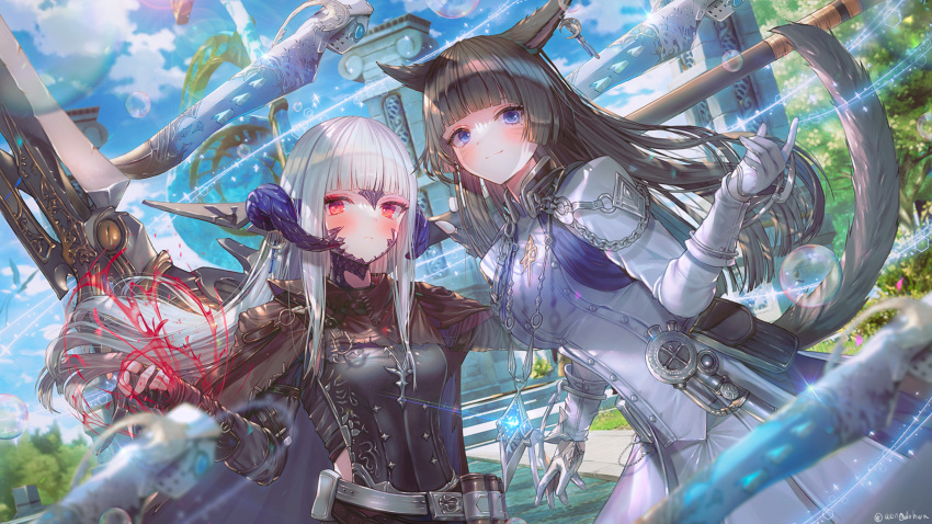 2girls animal_ears au_ra avatar_(ff14) black_hair blue_eyes blurry blurry_background blush cat_ears cloak dragon_horns dutch_angle final_fantasy final_fantasy_xiv fingerless_gloves floating floating_object floating_weapon gloves hanato_(seonoaiko) highres horns jewelry long_hair looking_at_viewer miqo'te multiple_girls outdoors pendant reaper_(final_fantasy) red_eyes sage_(final_fantasy) scales scythe white_hair