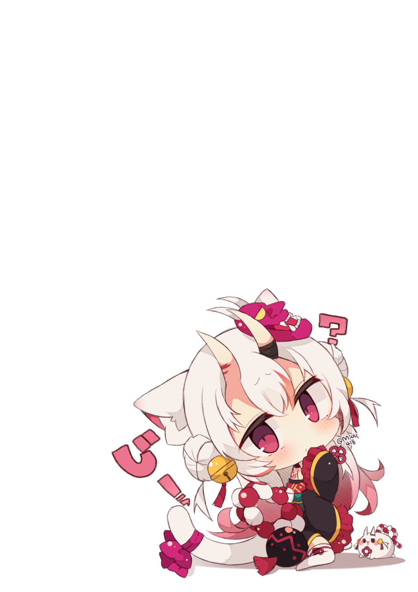 1girl ? animal_ears bangs bell black_kimono bow cat_ears cat_girl cat_tail chibi commentary_request double_bun eyebrows_visible_through_hair frilled_sleeves frills full_body gradient_hair hair_bell hair_between_eyes hair_ornament highres hololive horns japanese_clothes jingle_bell kemonomimi_mode kimono long_hair long_sleeves looking_at_viewer mask mask_on_head multicolored_hair muuran nakiri_ayame oni oni_horns oni_mask purple_bow red_eyes redhead shadow shiranui_(nakiri_ayame) sleeves_past_fingers sleeves_past_wrists solo tail tail_bow tail_ornament twitter_username very_long_hair virtual_youtuber white_background white_hair wide_sleeves