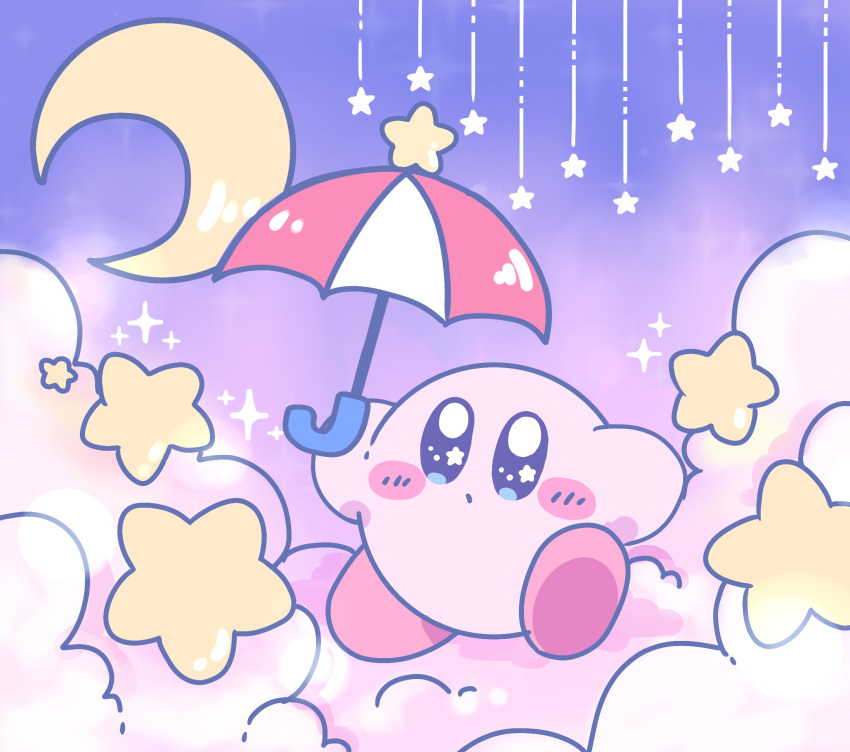 above_clouds blue_eyes blush blush_stickers closed_mouth commentary_request crescent_moon full_body highres holding holding_umbrella kirby kirby_(series) leg_up miwa_(ahyuck) moon night no_humans on_cloud outdoors pastel_colors purple_sky solid_oval_eyes solo sparkle standing standing_on_one_leg star_(symbol) star_in_eye symbol_in_eye umbrella