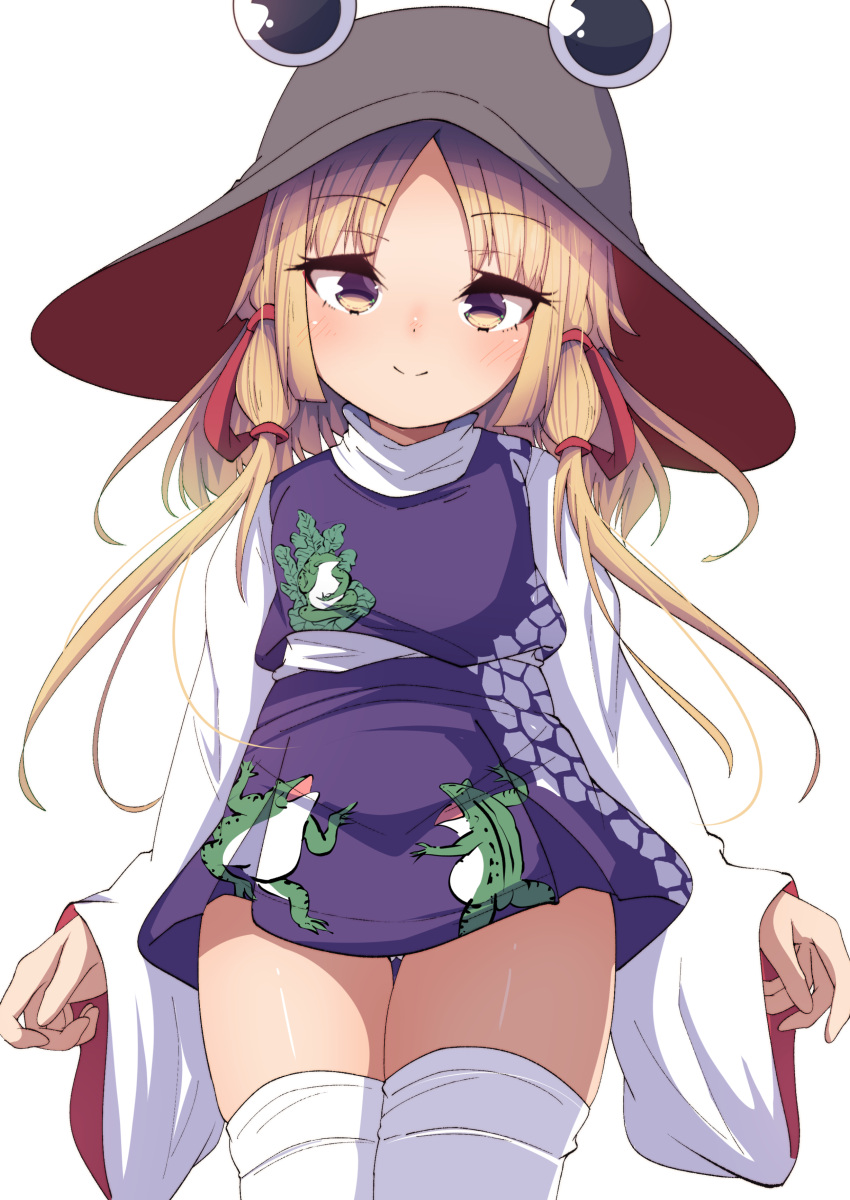 1girl absurdres animal_print blonde_hair blush brown_headwear closed_mouth cowboy_shot darumoon eyebrows_visible_through_hair frog_print hair_ribbon hat highres long_hair long_sleeves moriya_suwako purple_skirt purple_vest red_ribbon ribbon shirt simple_background skirt smile solo thigh-highs touhou tress_ribbon vest white_background white_legwear white_shirt wide_sleeves yellow_eyes