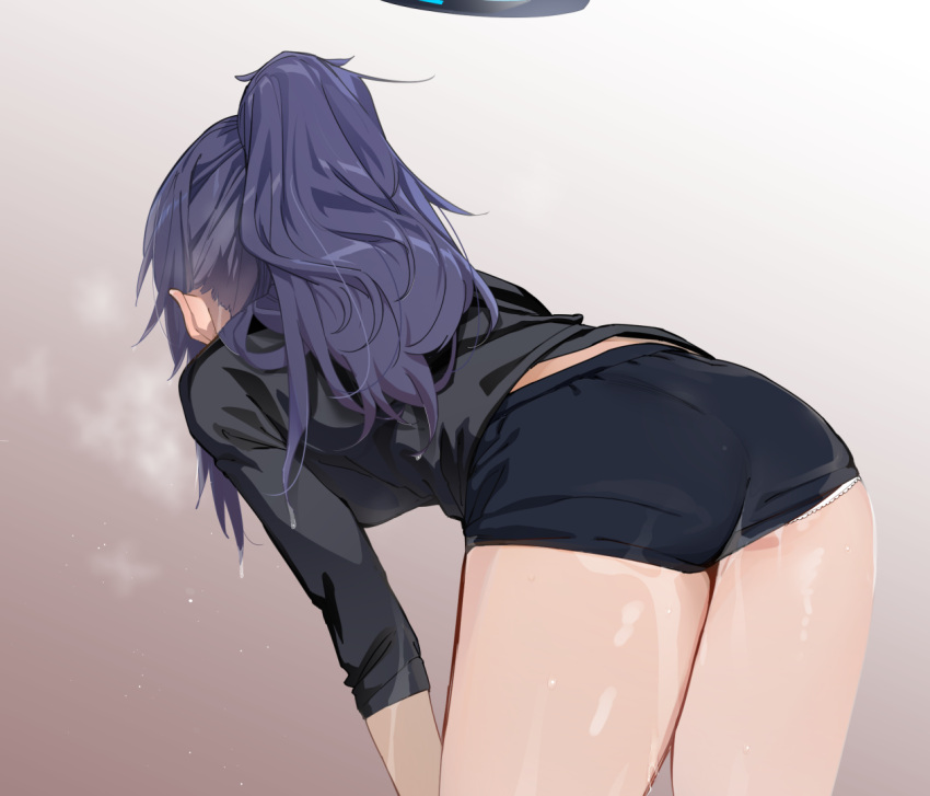 1girl ass bent_over black_shirt black_shorts blue_archive brown_background commentary_request from_behind gradient gradient_background halo heavy_breathing long_hair long_sleeves panties panties_under_shorts ponytail purple_hair shirt short_shorts shorts solo standing sweat underwear uno_ryoku white_background white_panties yuuka_(blue_archive)