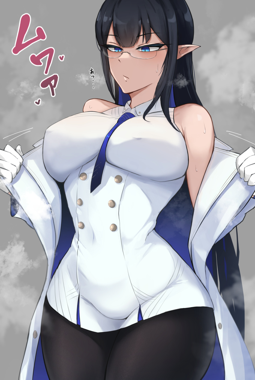 1girl bangs bare_shoulders black_hair black_legwear blue_archive blue_eyes blush breasts closed_mouth cowboy_shot gloves highres large_breasts long_hair long_sleeves official_art pointy_ears rin_(blue_archive) solo tyamurai33 white_gloves