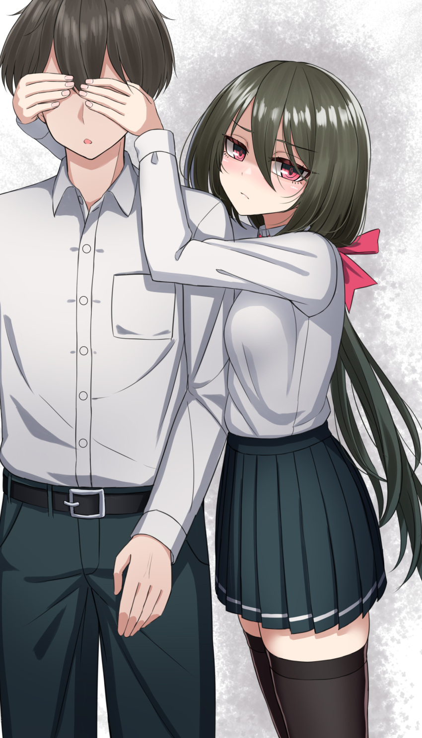 1boy 1girl absurdres black_thighhighs blush closed_mouth collared_shirt covering_another's_eyes green_hair green_skirt hair_between_eyes highres long_hair long_sleeves looking_at_viewer open_mouth original pants pleated_skirt red_eyes sayano_(yakob_labo) school_uniform shirt shirt_tucked_in skirt thigh-highs white_shirt yakob_labo