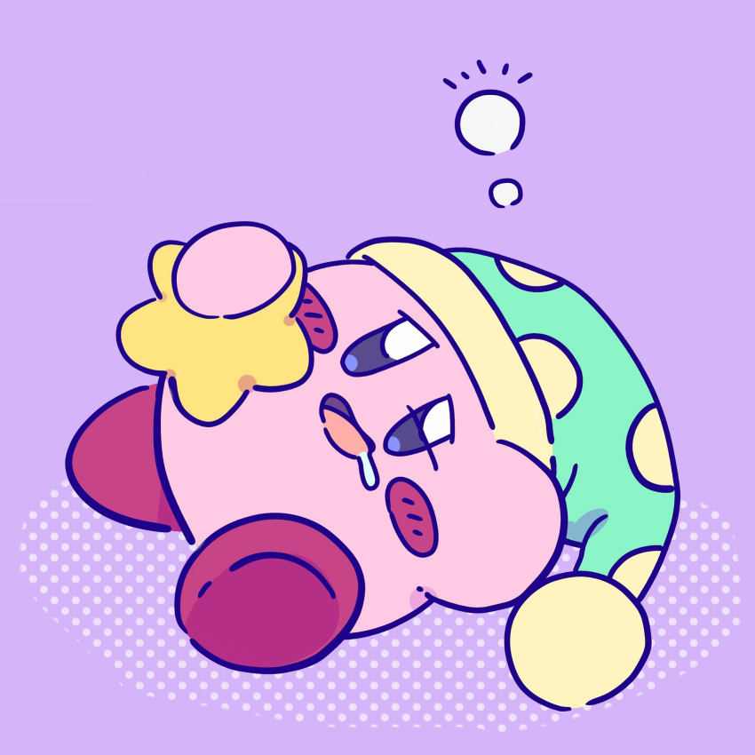 blue_eyes blush blush_stickers commentary_request drooling flat_color full_body green_headwear half-closed_eyes hat highres kirby kirby_(series) lying miwa_(ahyuck) nightcap no_humans on_side open_mouth polka_dot_headwear pom_pom_(clothes) purple_background saliva simple_background sketch sleepy solid_oval_eyes solo star_(symbol)